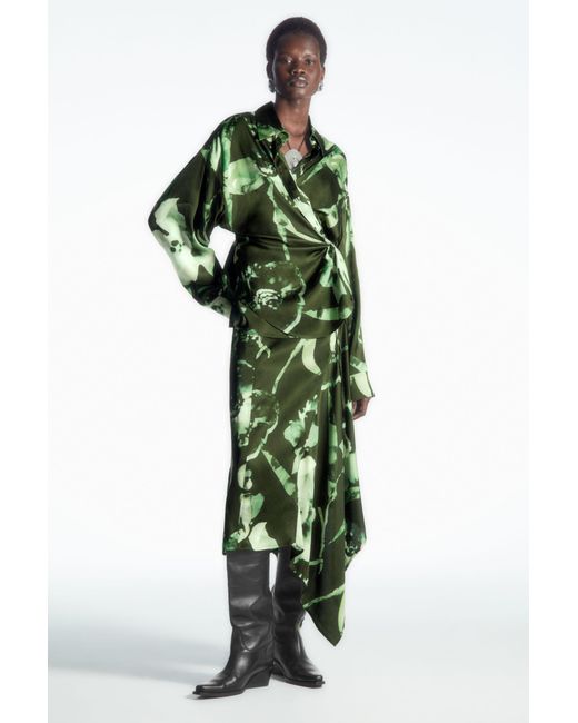 COS Green Draped Asymmetric Midi Skirt