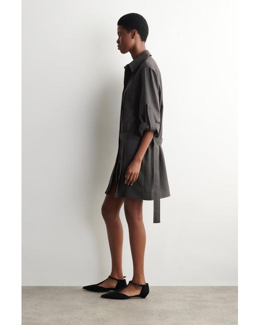 COS Gray Half-Pleated Wool Mini Shirt Dress