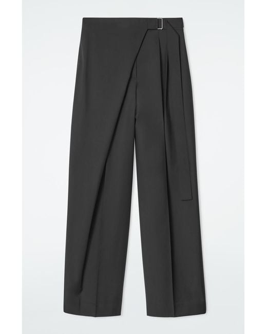 COS Gray Relaxed Belted Wrap-Front Wool Trousers