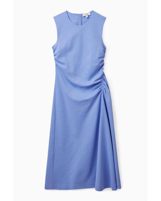 COS Cotton Gathered Midi Dress in Blue - Lyst
