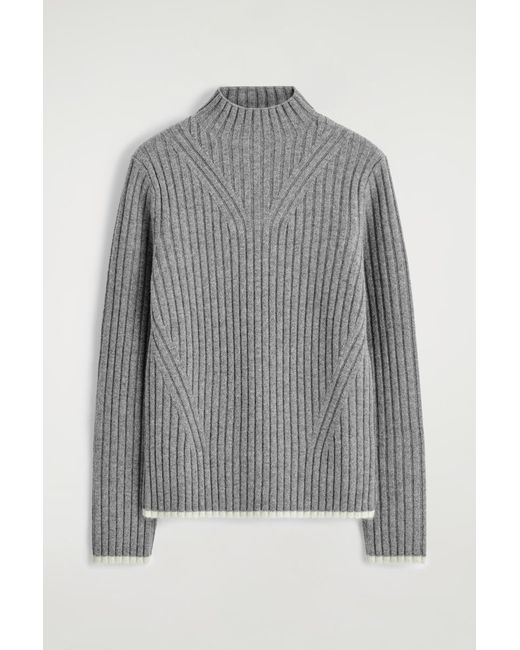 COS Gray Ribbed Wool Funnel-Neck Jumper