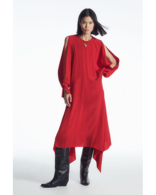 COS Red Open-sleeve Silk-blend Dress