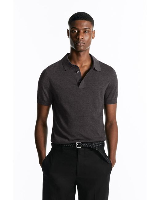 COS Black Knitted Silk Polo Shirt for men