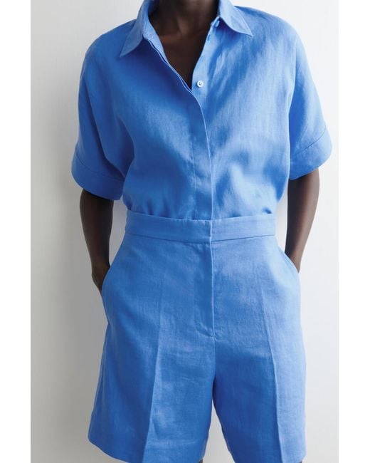 COS Blue Tailored Elasticated Linen Shorts