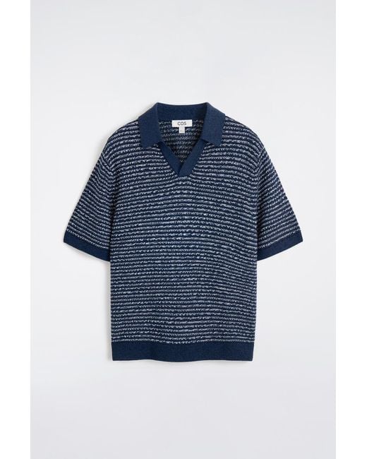 COS Blue Striped Open-Knit Polo Shirt for men