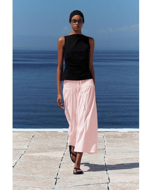 COS Pink Ruched-Waist Midi Skirt