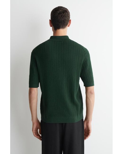 COS Green Cable-Knit Cotton-Linen Polo Shirt for men