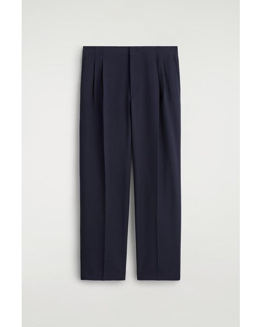 COS Blue Pleated Relaxed-Fit Straight-Leg Trousers for men