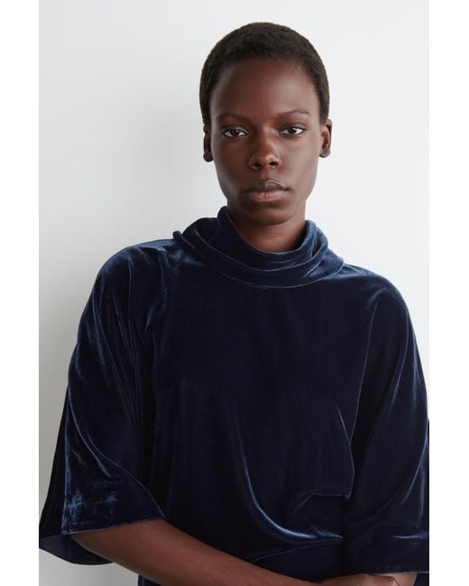 COS Blue Draped-Neck Velvet Midi Dress