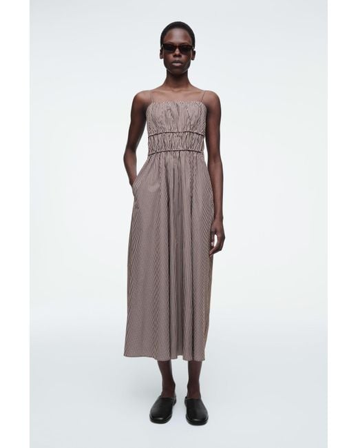 COS Brown Striped Gathered-Waist Midi Dress