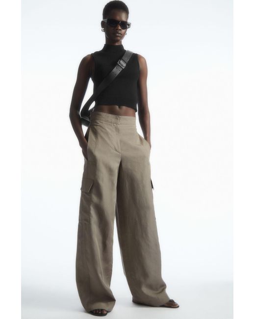COS Wide-leg Linen-blend Cargo Trousers in Natural | Lyst