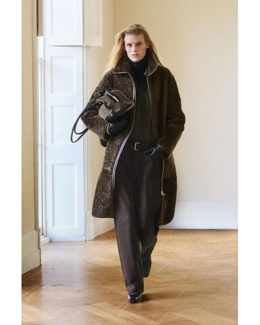 COS Green Leather-Bonded Shearling Long Coat