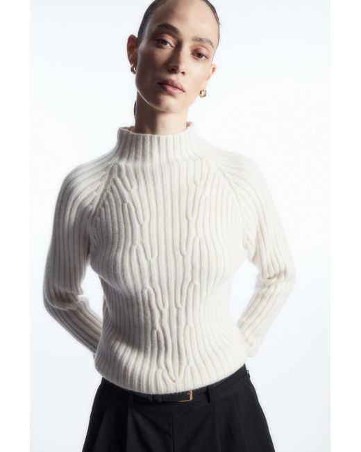 COS White Ribbed Pure Cashmere Turtleneck Jumper