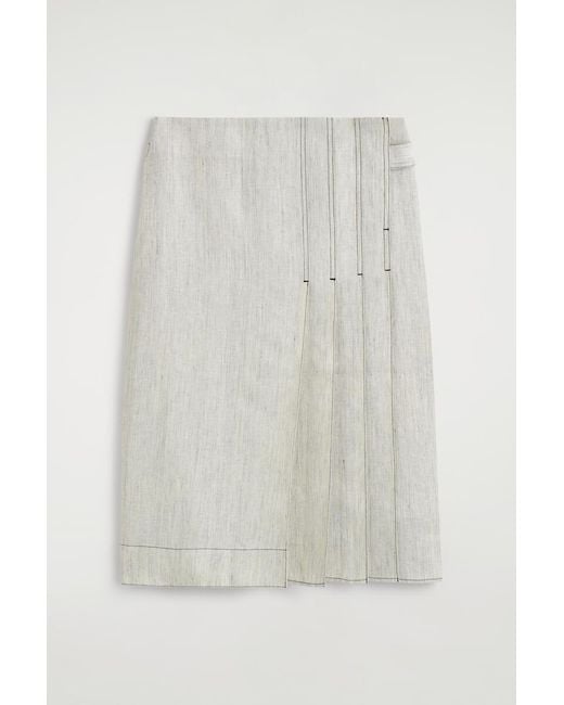 COS White Belted Pleated Linen Midi Skirt