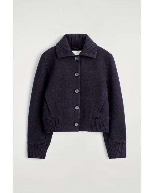 COS Blue Ribbed-Collar Boiled Merino Wool Jacket