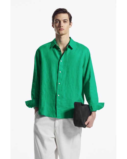 COS Green Linen Long-sleeved Shirt for men