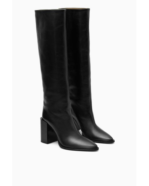 COS Black Knee-high Pointed Leather Boots