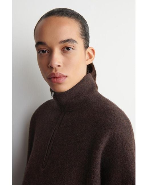 COS Brown Boiled Merino Wool Zip-Up Sweater