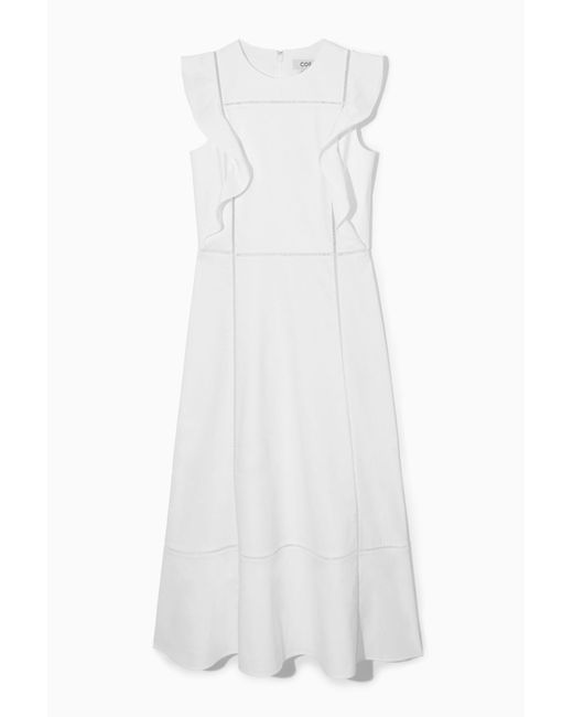 COS White Ruffled Linen-blend Midi Dress