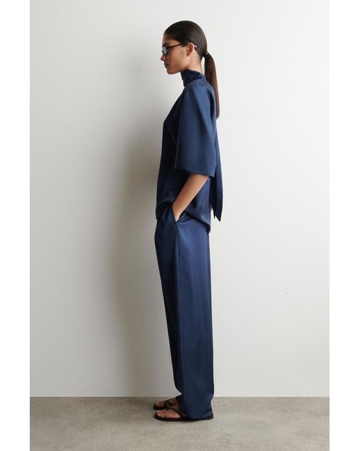 COS Blue Draped Tie-Detail Silk Top