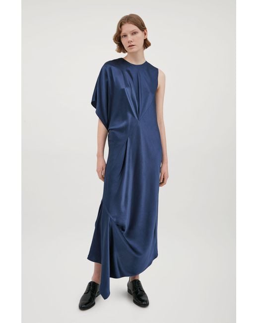 COS Blue Silk Dress With Asymmetric Drape