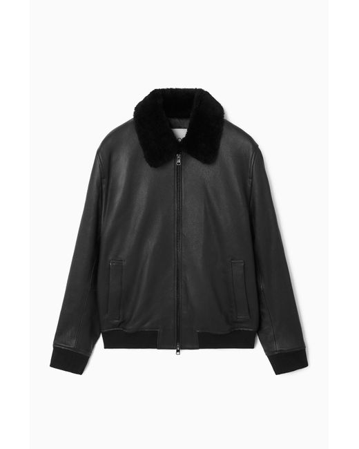 COS Black Shearling-trimmed Leather Bomber Jacket for men