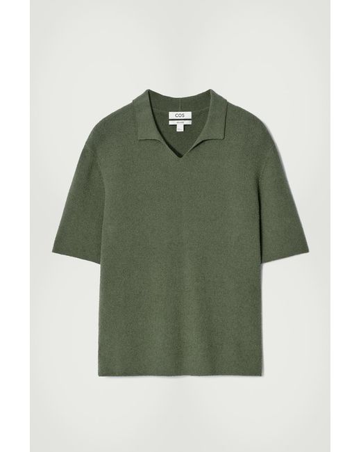 COS Green Open-Collar Bouclé-Knit Polo Shirt for men