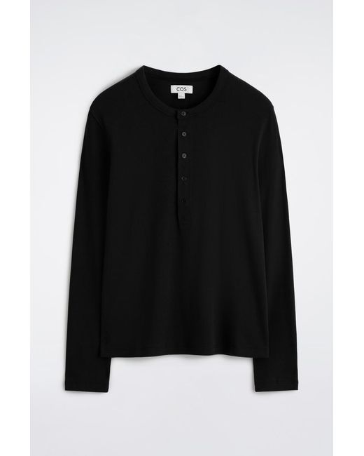 COS Black Slim Ribbed Cotton Long-Sleeved Henley T-Shirt for men