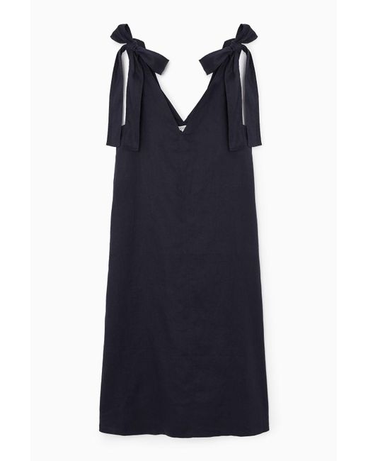 COS Blue Bow-detail Linen Midi Dress