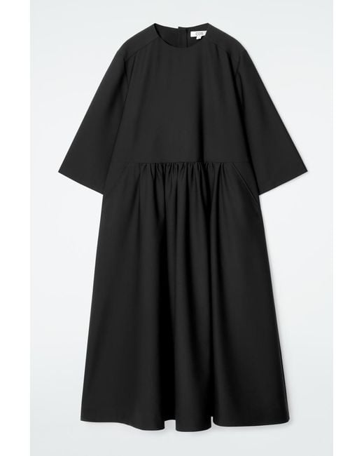 COS Black Gathered Wool-blend Midi Dress
