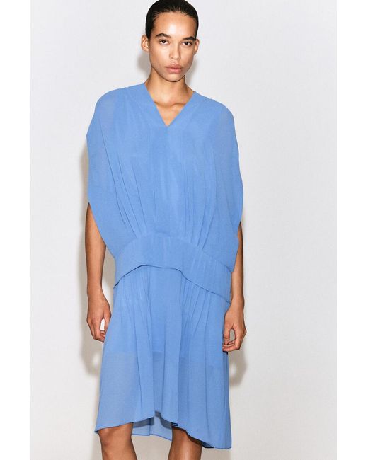 COS Blue Draped Pleated V-Neck Midi Dress