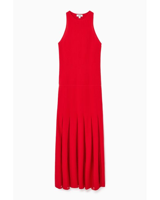 COS Red Pleated Racer-neck Maxi Dress
