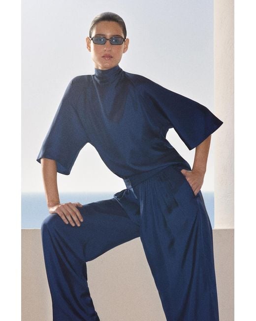 COS Blue Draped Tie-Detail Silk Top