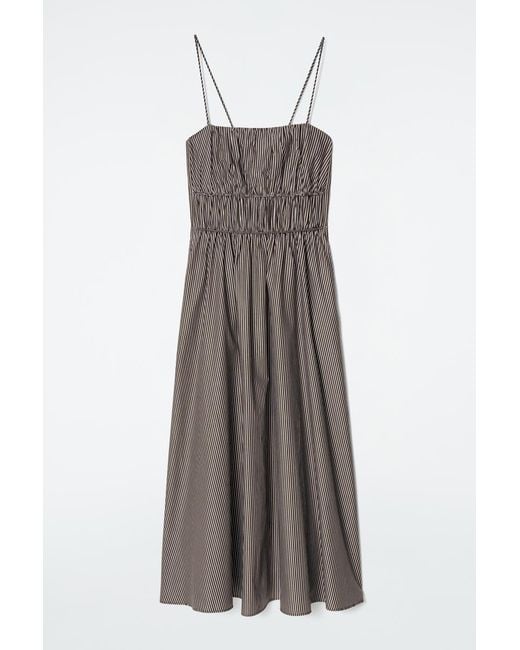 COS Brown Striped Gathered-Waist Midi Dress
