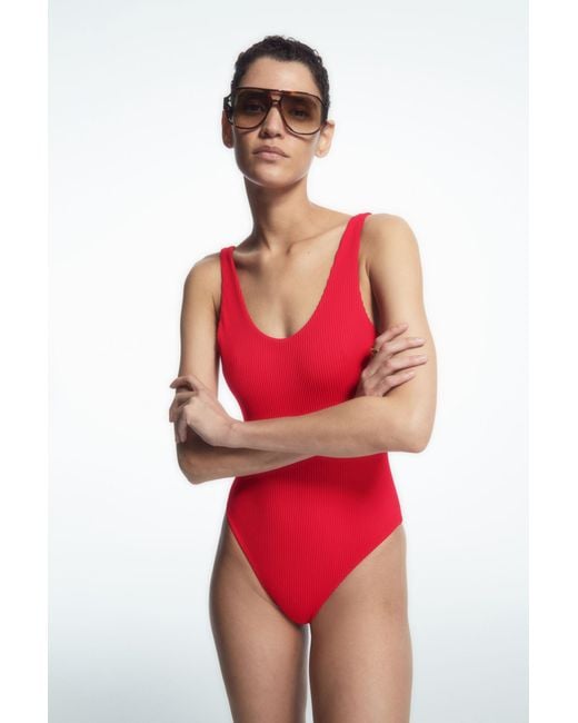 COS Red Scoop-neck Ribbed Swimsuit