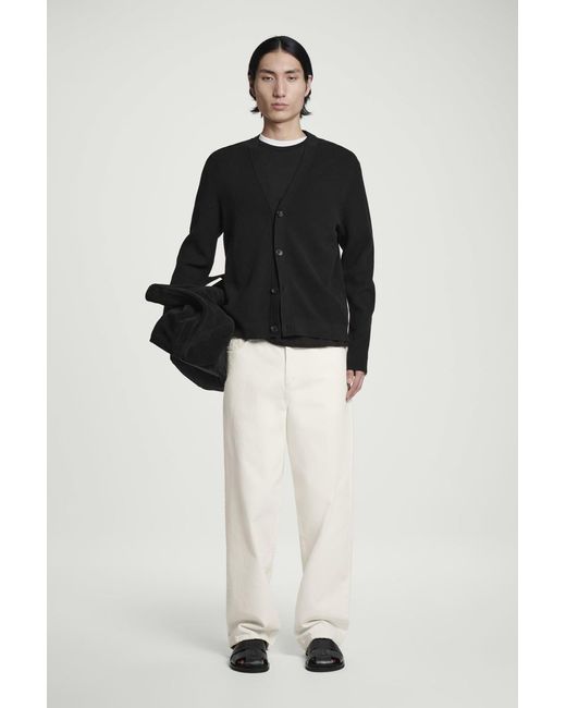 COS Black Textured Knitted Cotton V-Neck Cardigan for men
