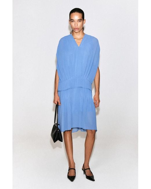 COS Blue Draped Pleated V-Neck Midi Dress