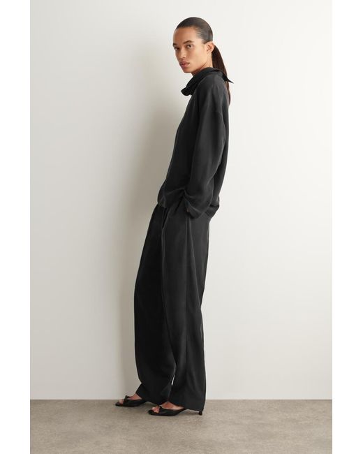 COS Black Washed-Silk Funnel-Neck Top
