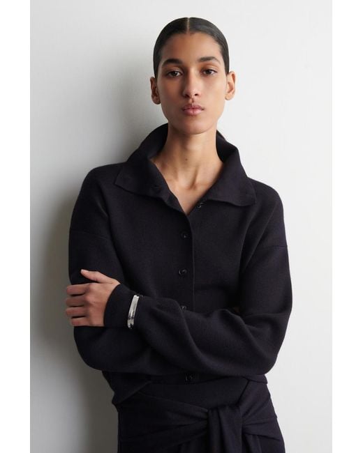 COS Blue Merino Wool Mock-Neck Cardigan