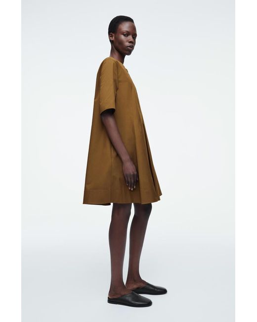 COS Pleated Zip-Up Cotton Mini Dress in Brown | Lyst