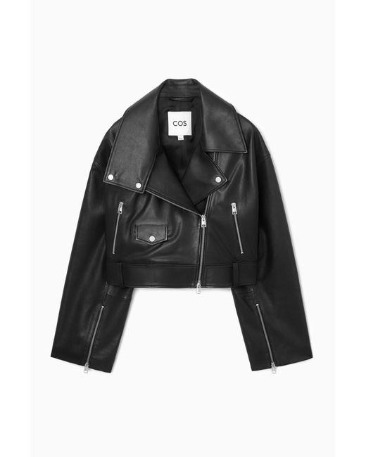 COS Black Oversized Cropped Leather Biker Jacket
