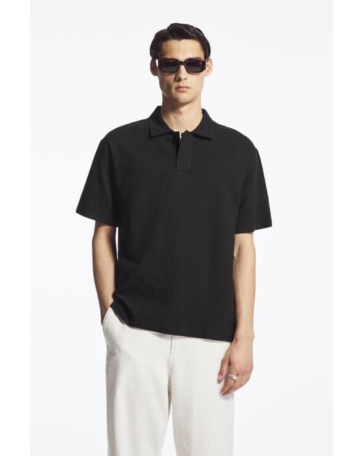 COS Black Camp-collar Seersucker Polo Shirt for men