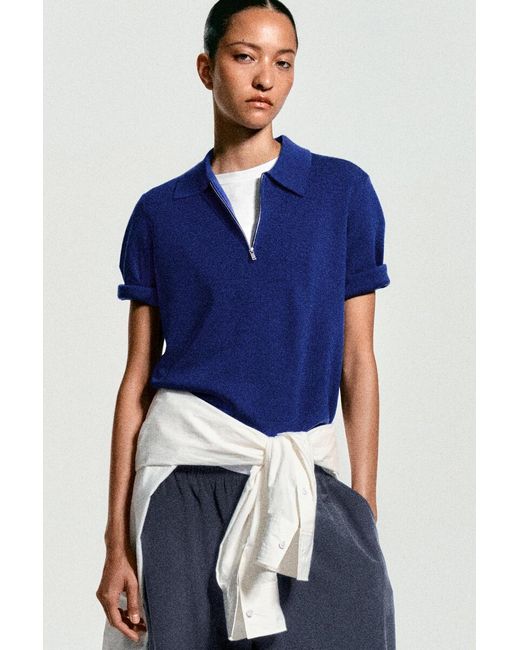 COS Blue Merino Wool Zip-Up Polo Shirt