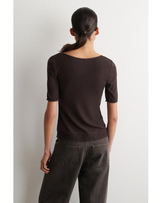 COS Black Lace-Trimmed Ribbed V-Neck T-Shirt