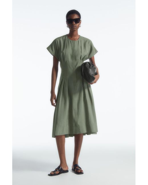 COS Green Waisted Pleated Midi Dress