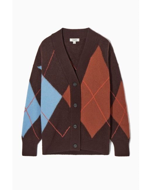 COS Brown Argyle Wool Cardigan