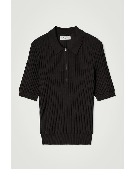 COS Black Silk-Cotton Zip-Up Polo Shirt for men