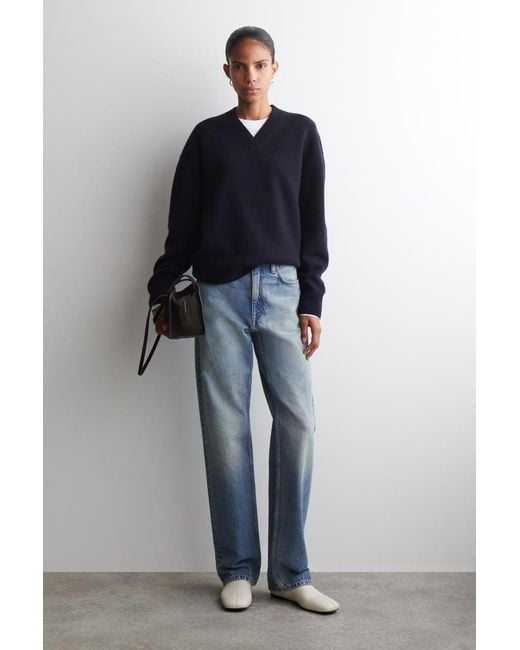 COS Blue Rounded Wool V-Neck Sweater