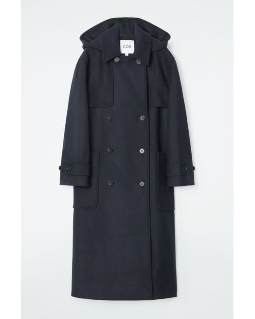 COS Blue Hooded Wool Duffle Coat