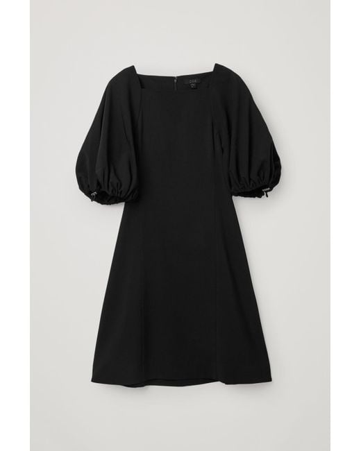 COS Black A-line Drawcord Puff Sleeve Dress
